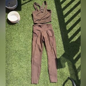 ALO Yoga Brown High-Rise Pocket Leggings with Matching Crop Top Set